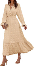 BTFBM Women Fall Maxi Dress V Neck Swiss Dots - Flowy Ruffle Maxi NOT