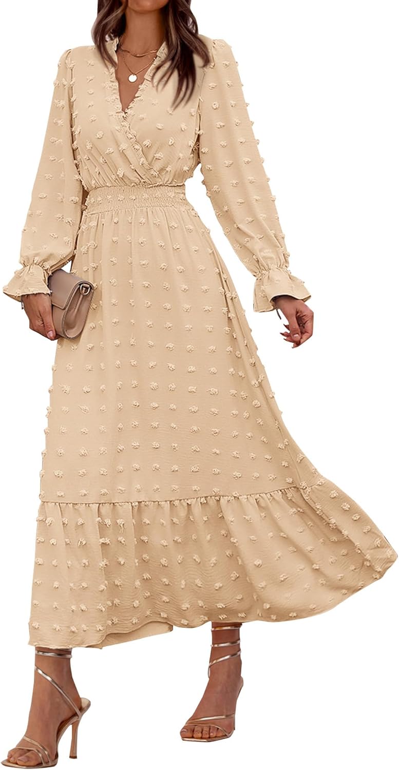BTFBM Women Fall Maxi Dresses Long Sleeve V Neck Swiss Dots