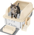XL Stainless Steel Cat Litter Box with Lid - Beige Enclosed Pan