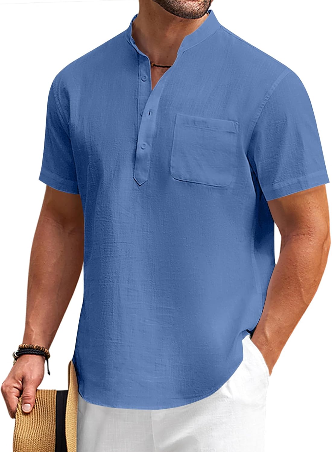 COOFANDY Men's Cotton Linen Henley Shirt for Casual Beach Wear