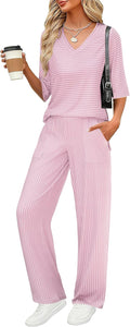 LOMON Women's 2 Piece Lounge Pajama Set - Soft VNeck Top & Pockets