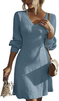 Women's V Neck Knit A Line Long Sleeve Sweater Dress - Fall 2025