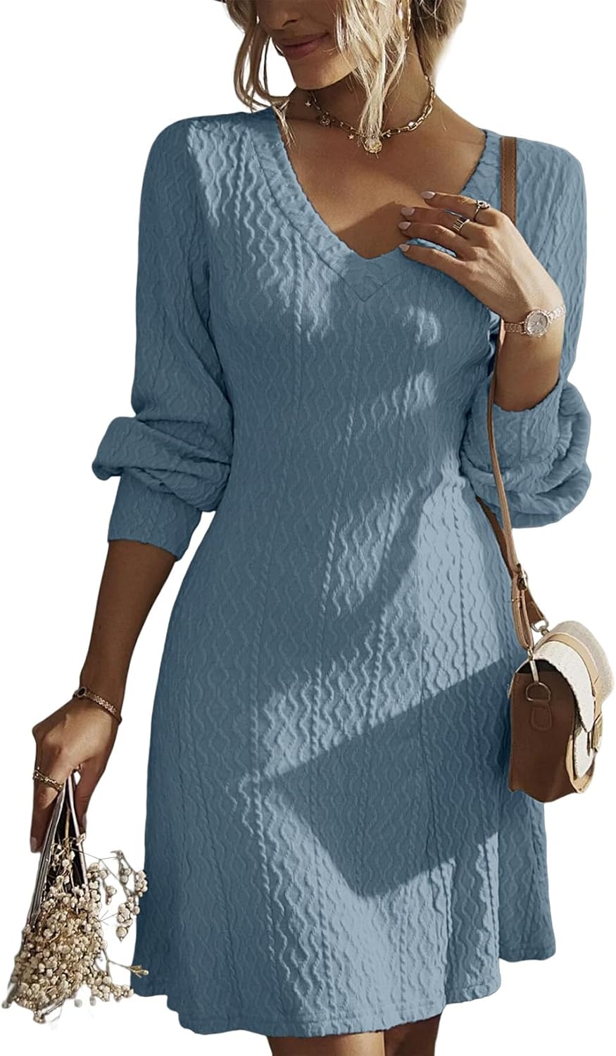 Trendy V Neck Knit A Line Long Sleeve Dress for Fall Weddings