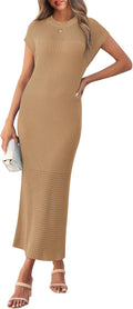 Womens Ribbed Knit Dress Cap Sleeve Crewneck Maxi - Comfortable Fit