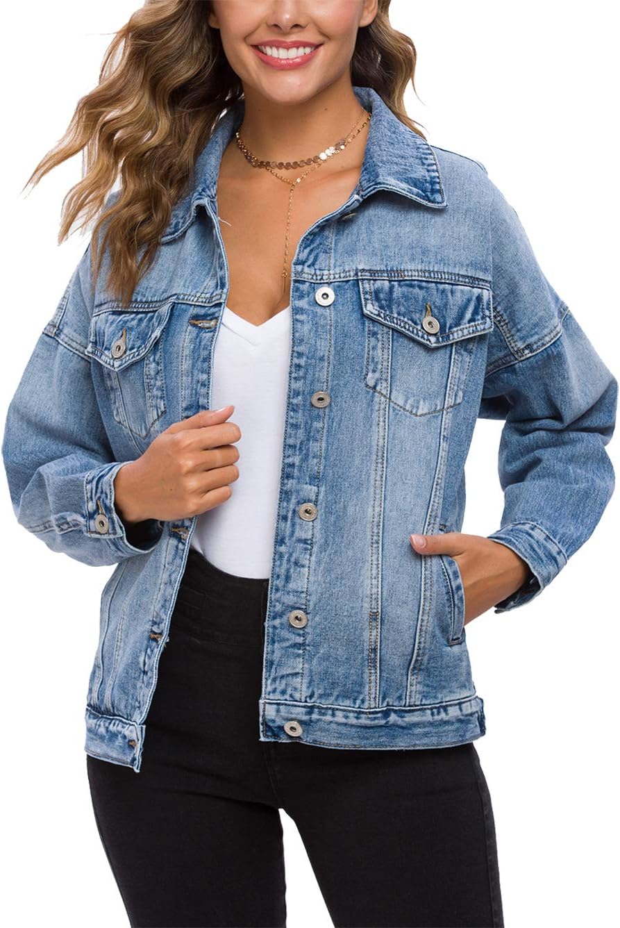 Cantonwalker Women's Oversize Vintage Washed Boyfriend Denim Jacket