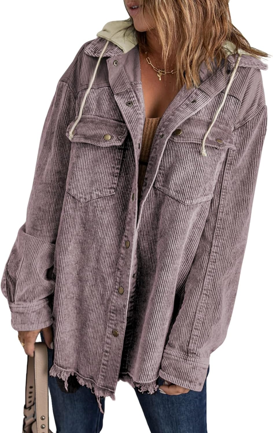 Dokotoo Womens Fall Corduroy Shacket Jacket with Hood and Pockets