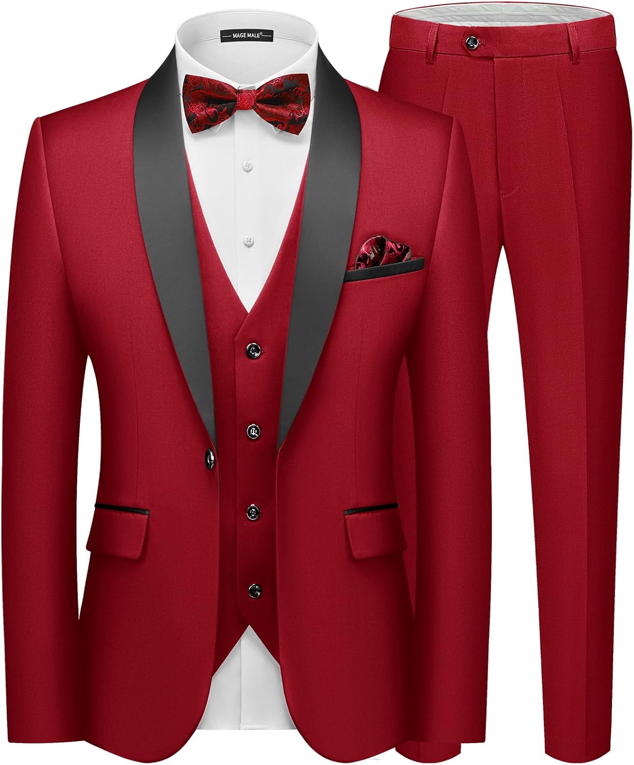 MAGE MALE Men's Slim Fit 3 Piece Suit with Tie and Pocket Square