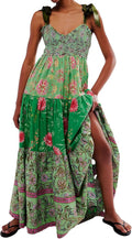 Women Floral Maxi Sundress with Pockets - Smocked Tie Shoulders