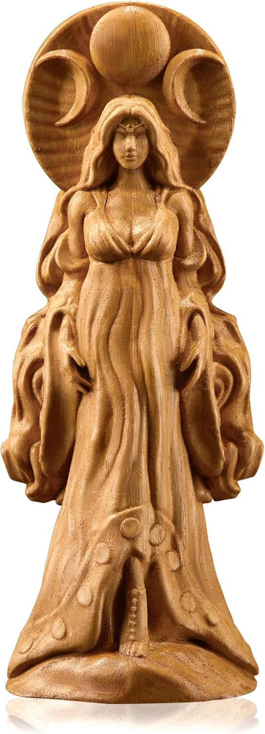 Moon Goddess Selene Wooden Statue for Wicca Altar Decor