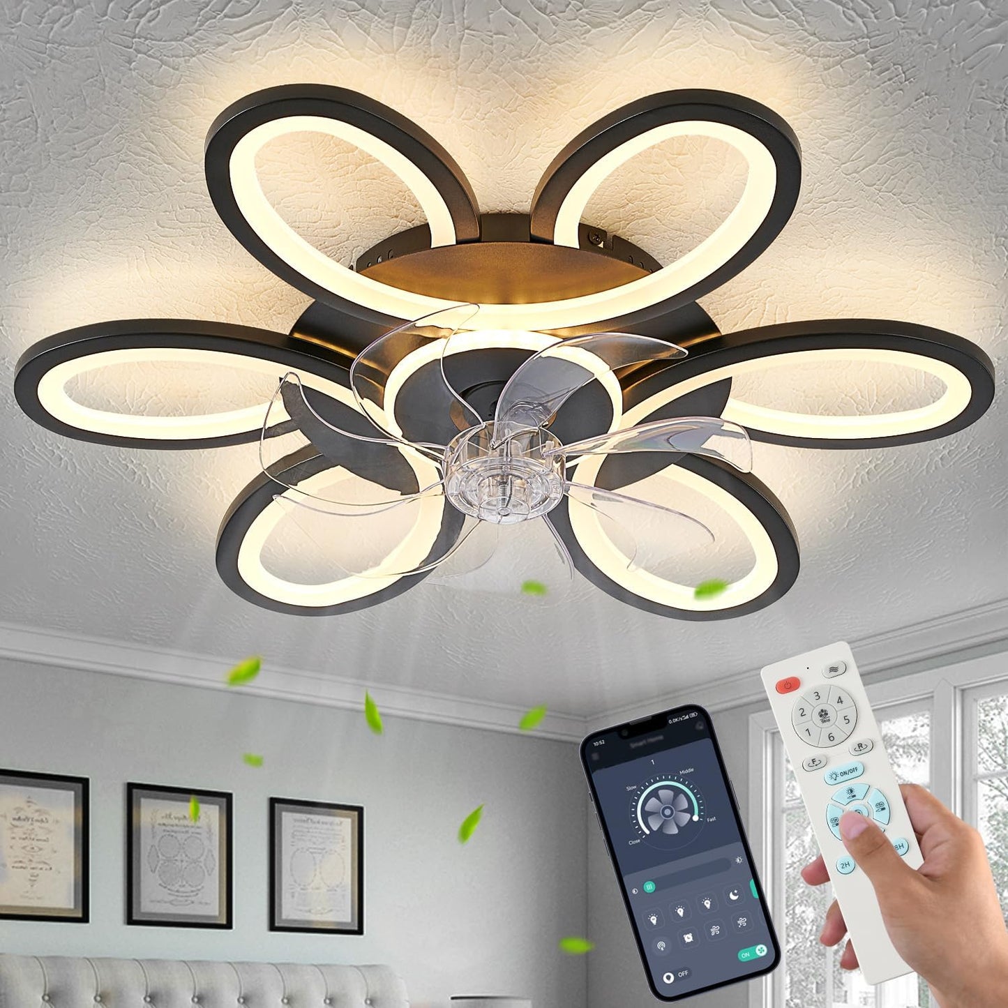 Black-Star Ring Ceiling Fan with Lights and Remote for Home