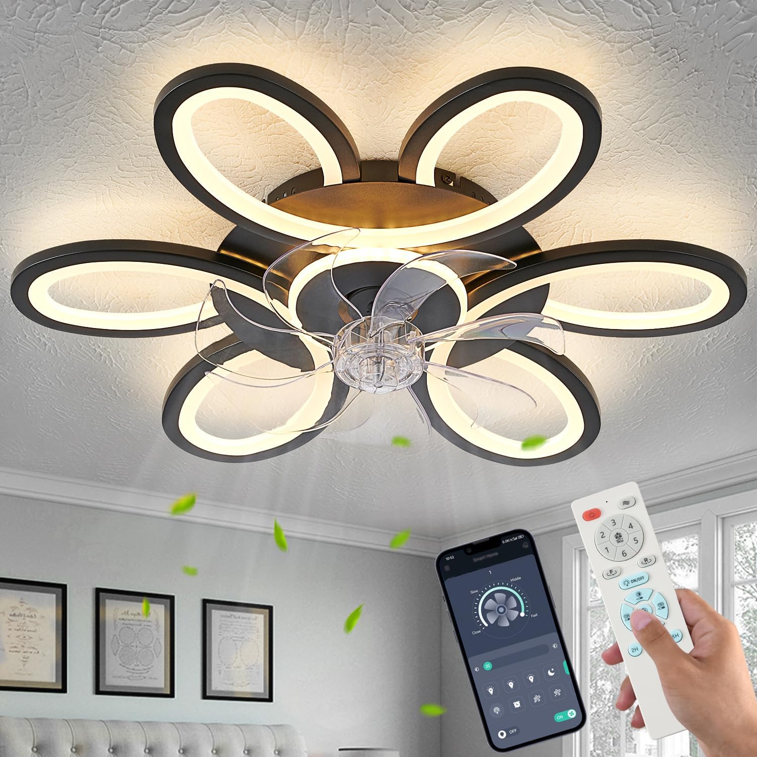 Black-Star Ring Ceiling Fan with Lights and Remote for Home