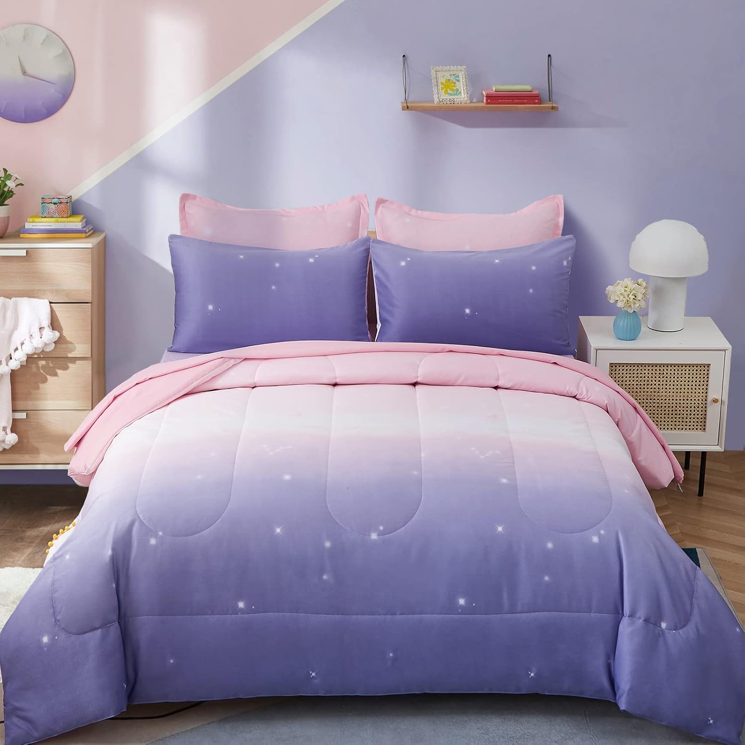 Girls Comforter Set Queen Size 7 Pieces Bed in A Bag Ombre Pink