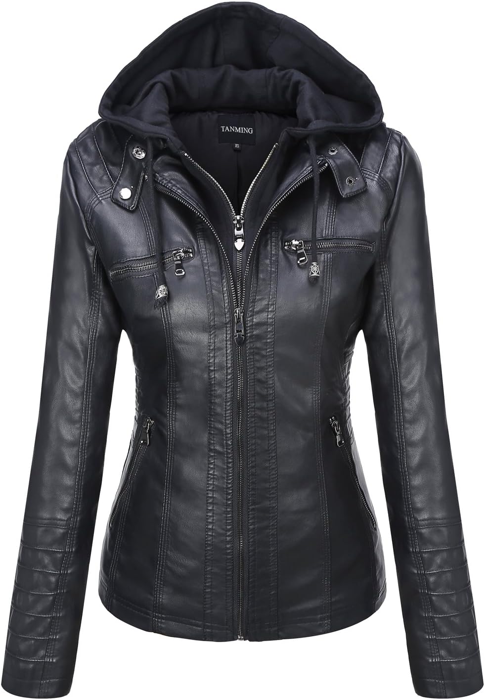 Tanming Women's Removable Hooded Faux Leather Jacket for Style