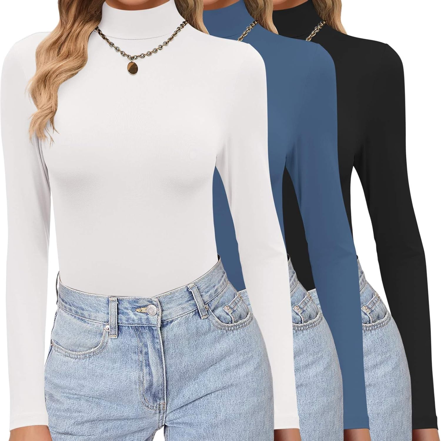 Ekouaer Women's Turtleneck Shirts 3 Pack Long Sleeve Tops