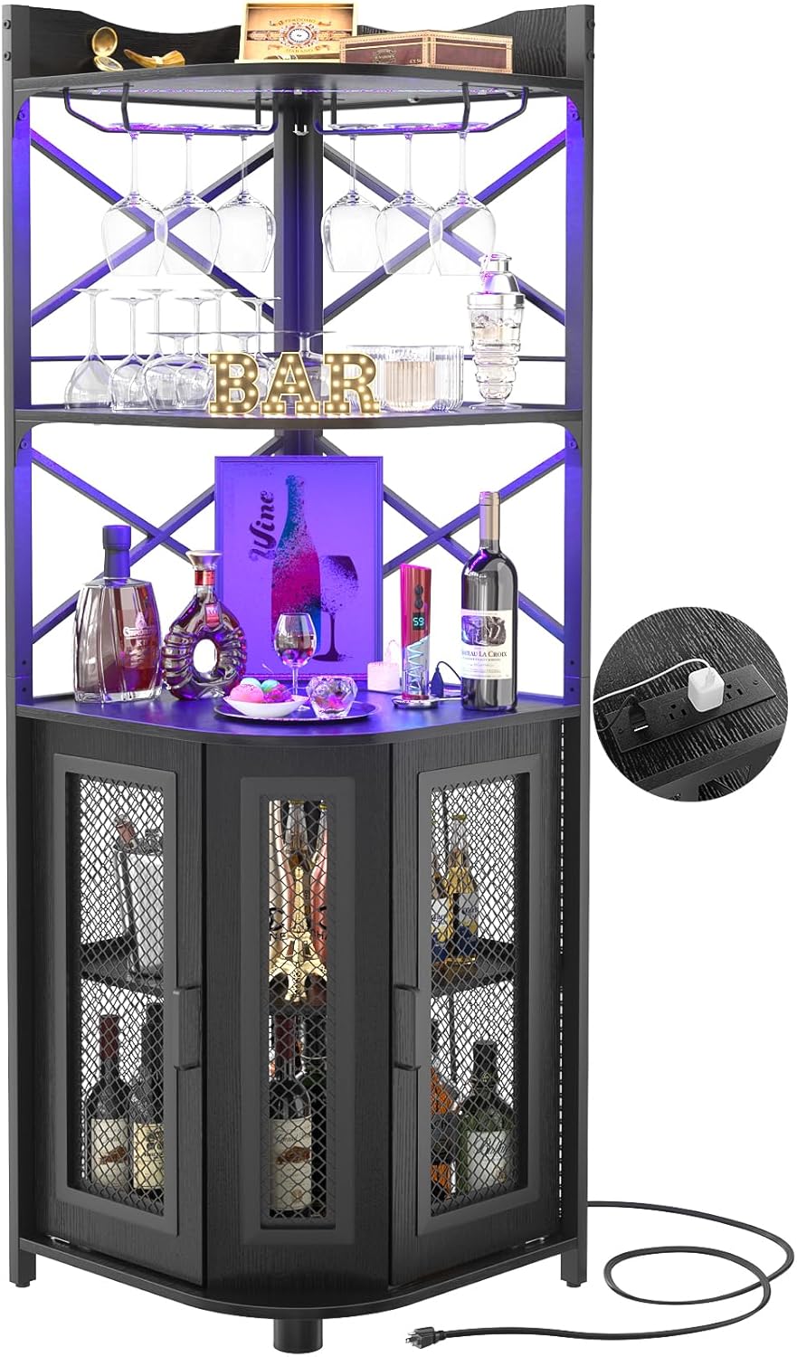 Corner Bar Cabinet with Power Outlet and LED Strip for Home