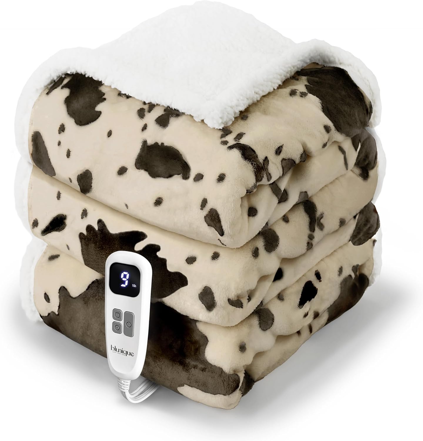 Cow Print Heated Blanket with 10 Heat Levels for Cozy Comfort