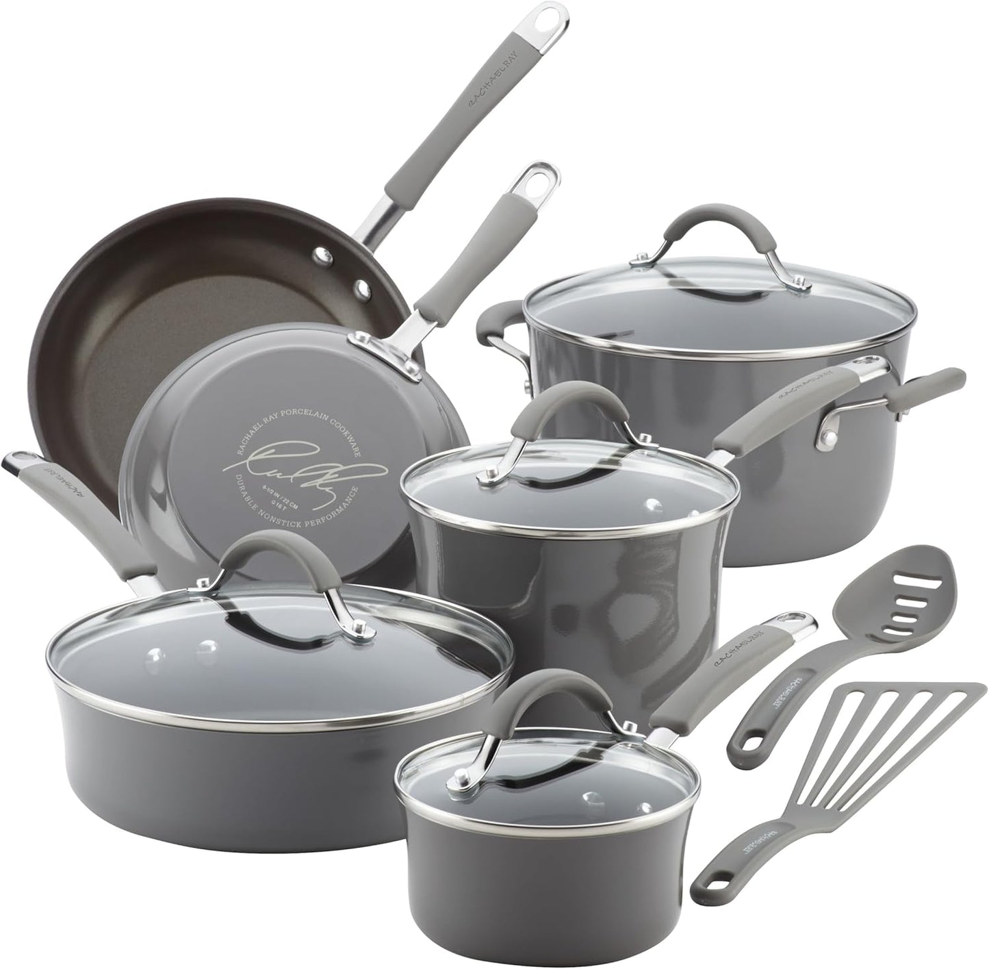 Rachael Ray Cucina Nonstick Cookware Set, 12 Piece, Sea Salt Gray