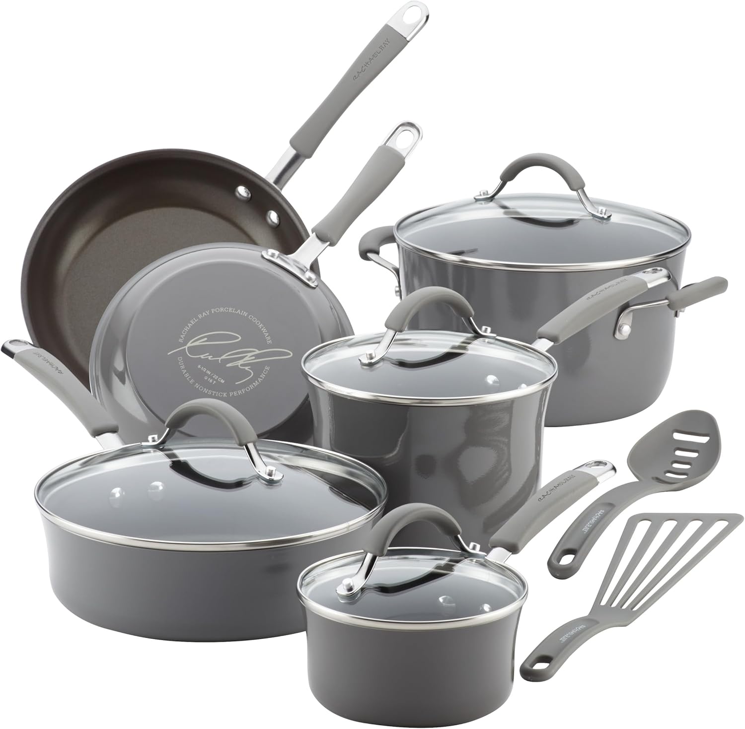 Rachael Ray Cucina Nonstick Cookware Set, 12 Piece, Sea Salt Gray