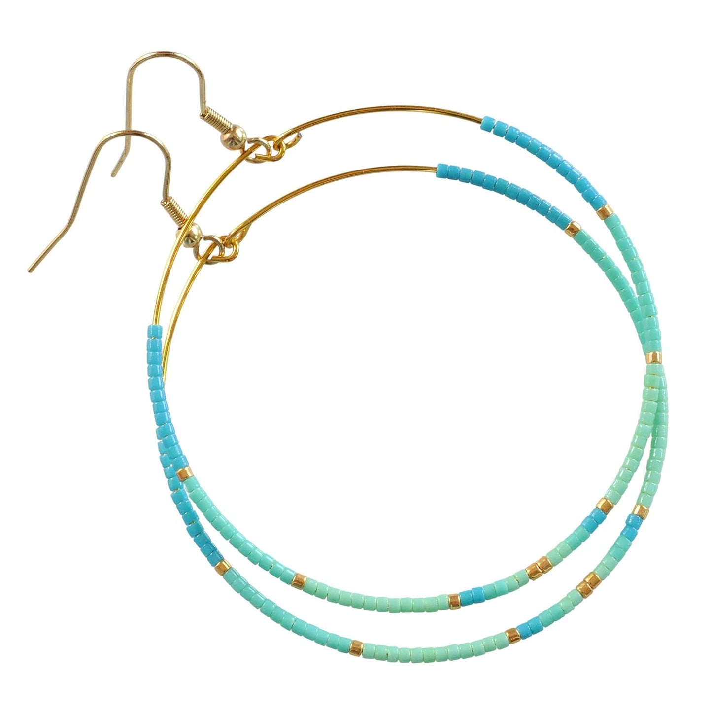 Aqua Blue Beaded Hoop Earrings - Handmade Gold-Plated Style