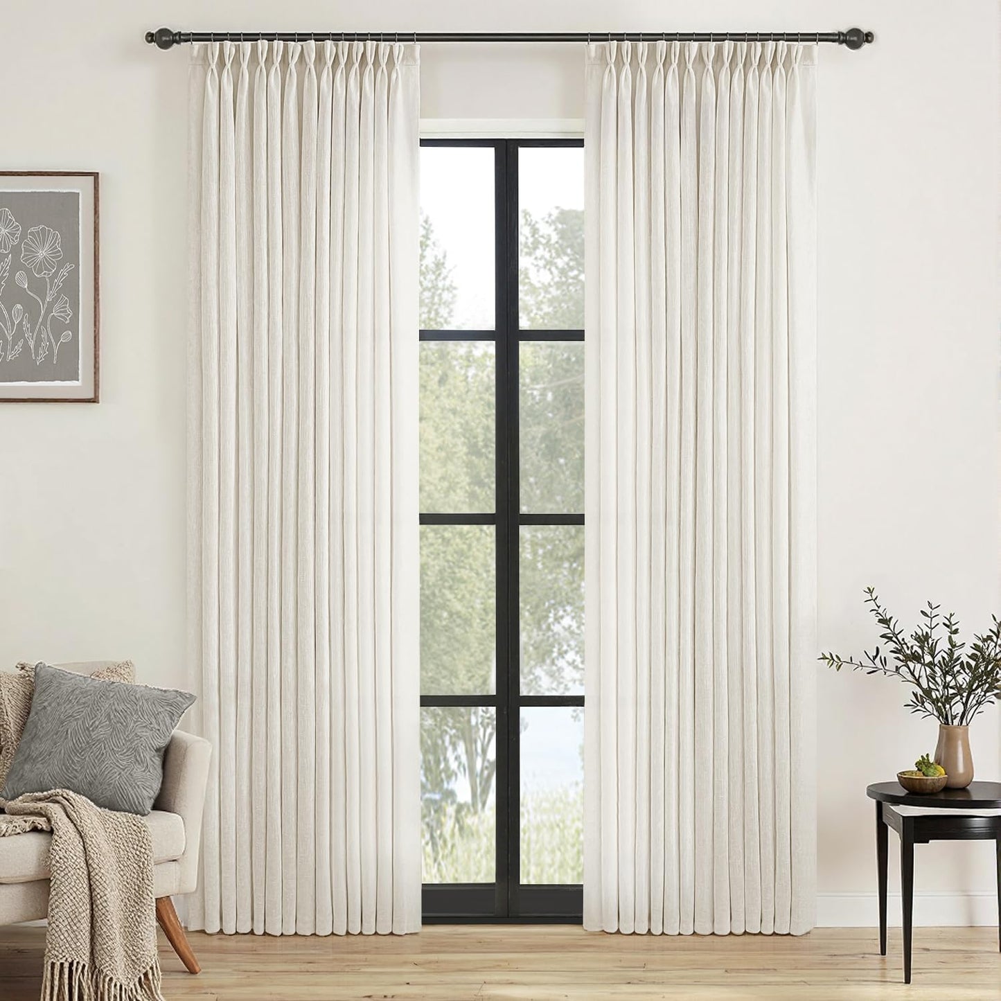 MIULEE 96 Inches Long Pinch Pleated Natural Linen Curtains Set