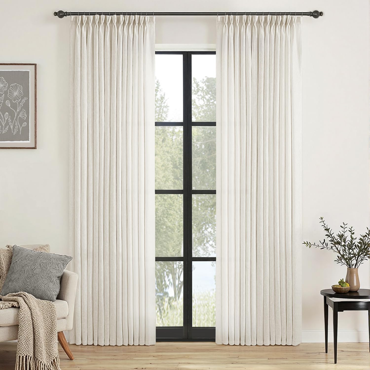 MIULEE 96 Inches Long Pinch Pleated Natural Linen Curtains Set