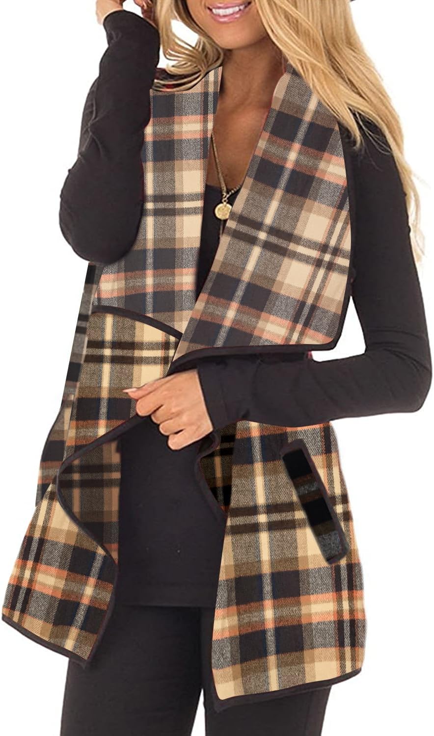 Unidear Womens Buffalo Plaid Vest Casual Open Front Jacket
