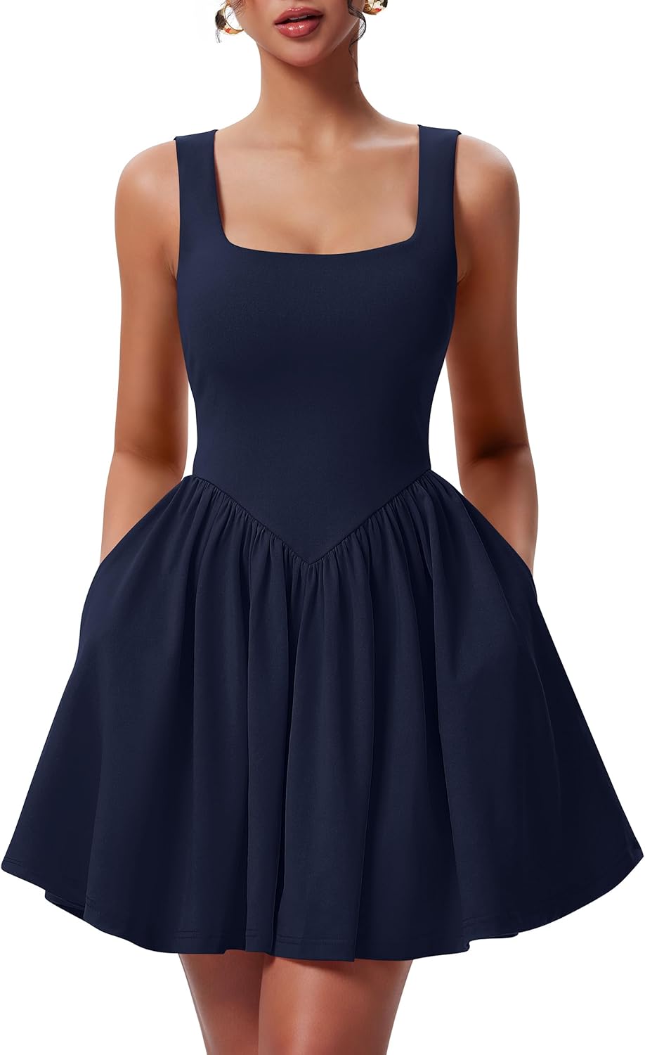 YMDUCH Women's Summer Sleeveless Square Neck Mini Tank Dress