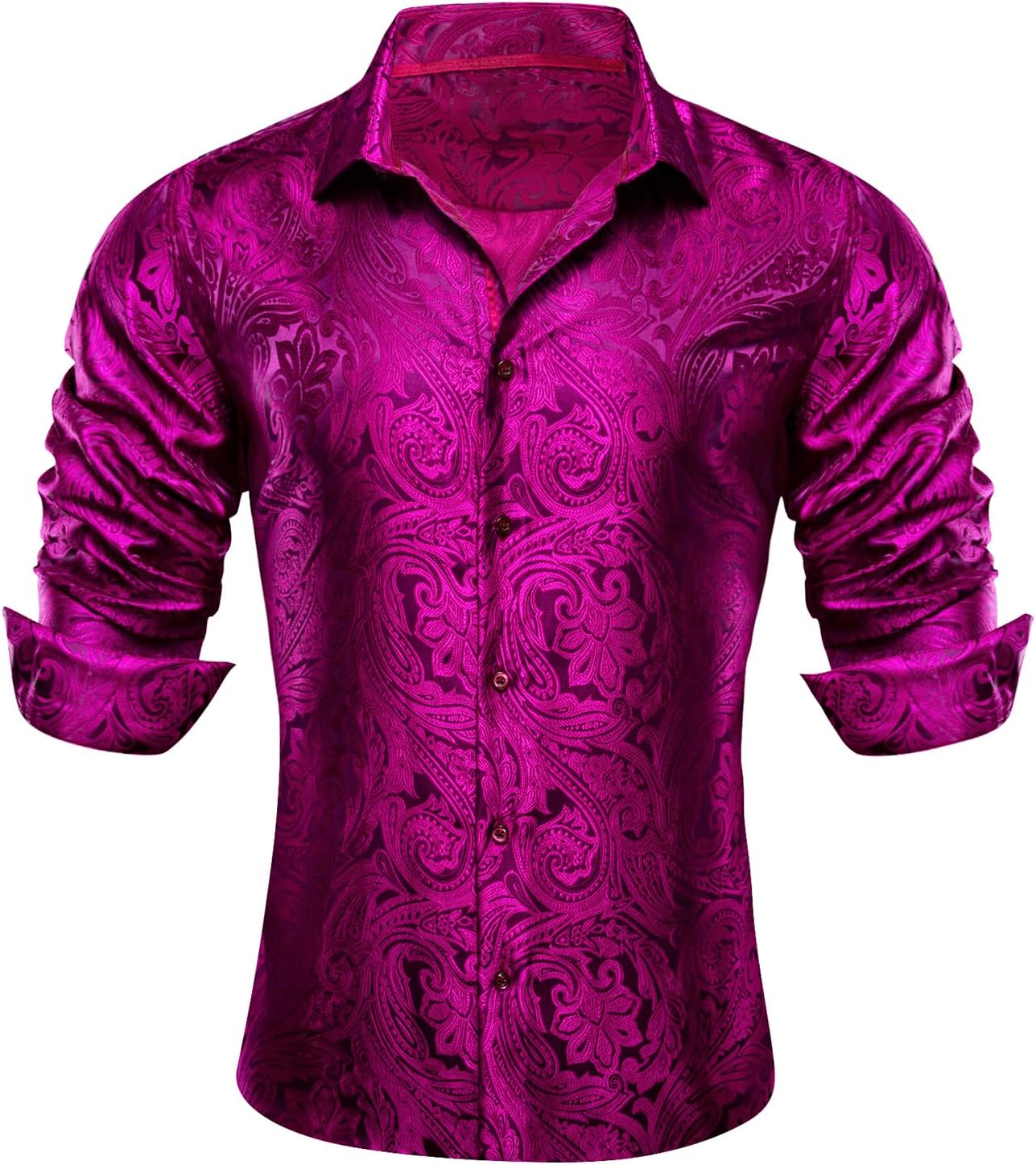 Barry.Wang Men Dress Shirts Paisley 70s Disco Silk Tops