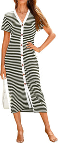 Women Striped Midi Ribbed Knit Dress - Comfortable Summer Fit