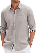 Men's Casual Linen Dress Shirt Plaid Collar Long Sleeve - Breathable