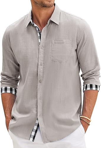 COOFANDY Men's Casual Linen Dress Shirt with Plaid Collar