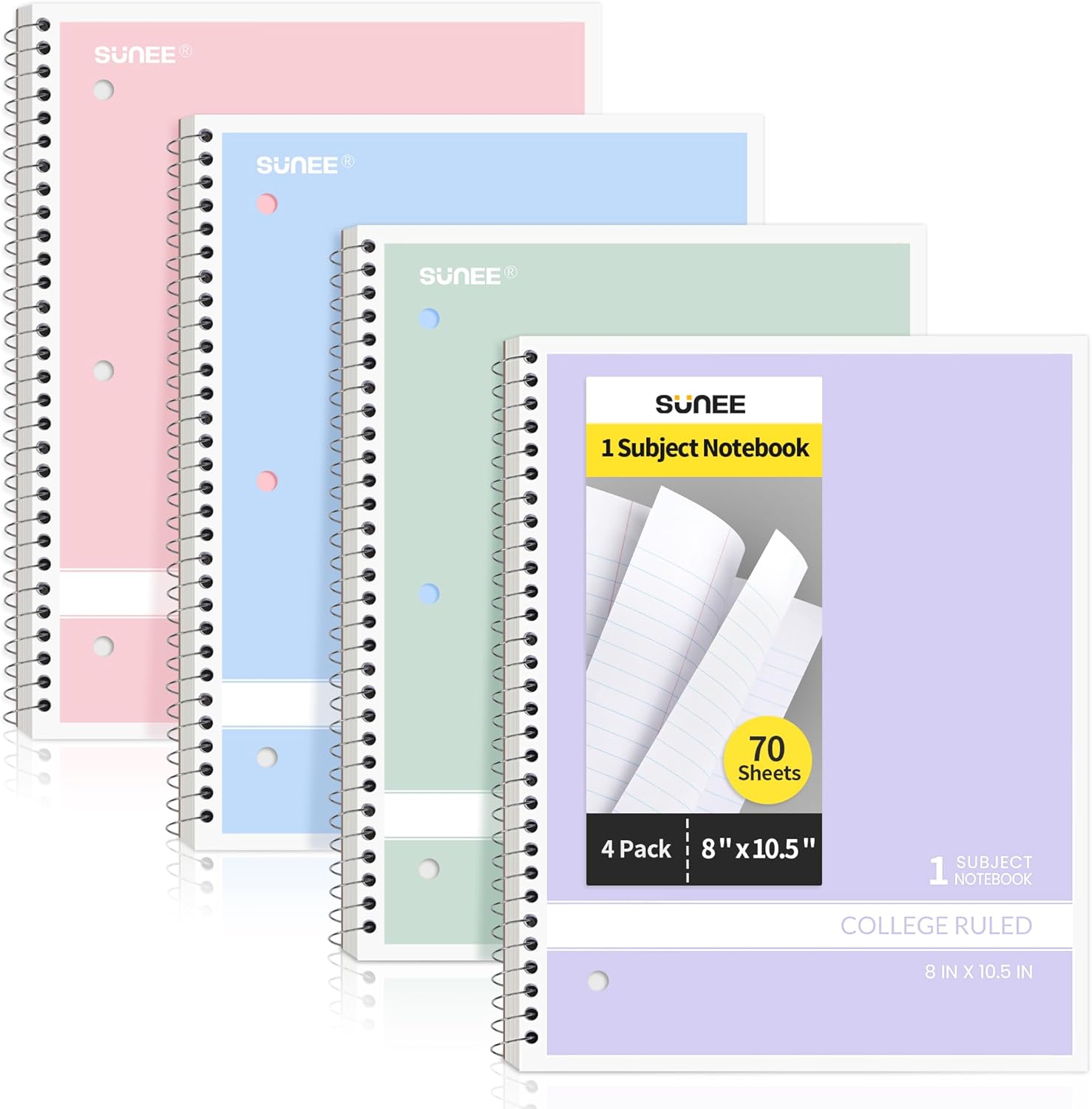 SUNEE College-Ruled Spiral Notebooks 4-Pack, 70 Sheets, Pastel Colors