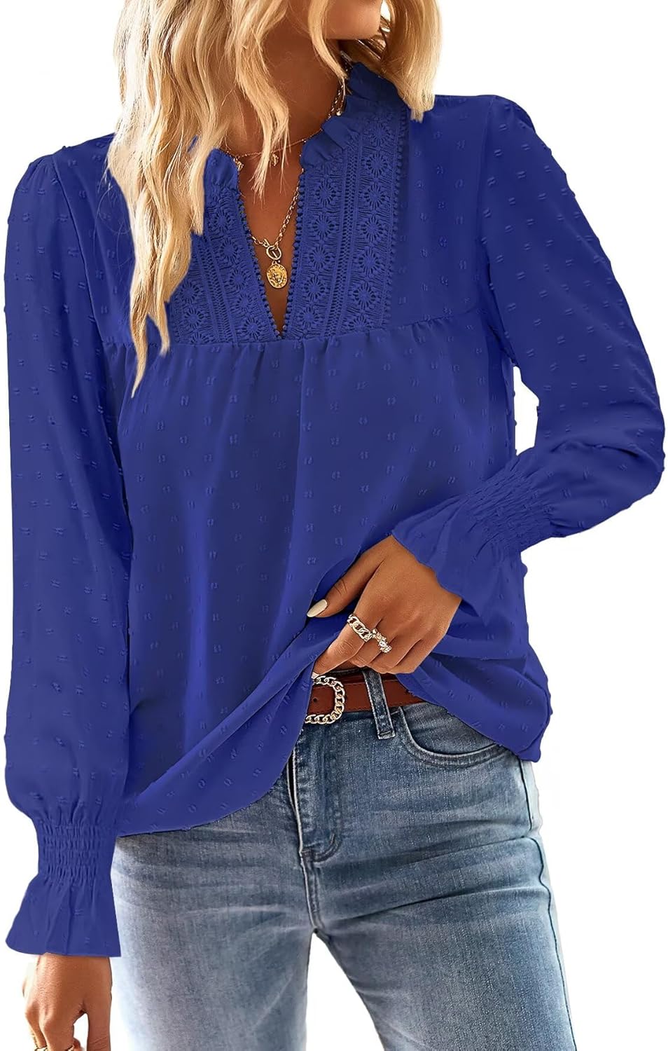 Boho Tops for Women V Neck Blouses Flowy Swiss Dot Style