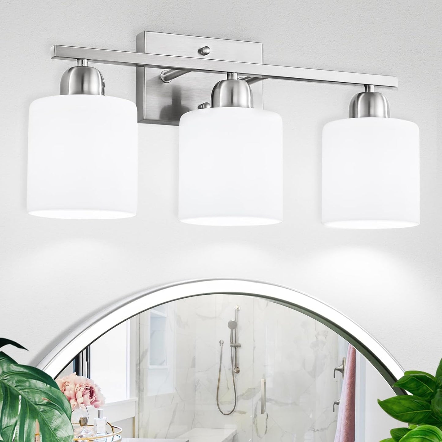 Brushed Nickel Bathroom Light Fixture with Frosted Glass Shades