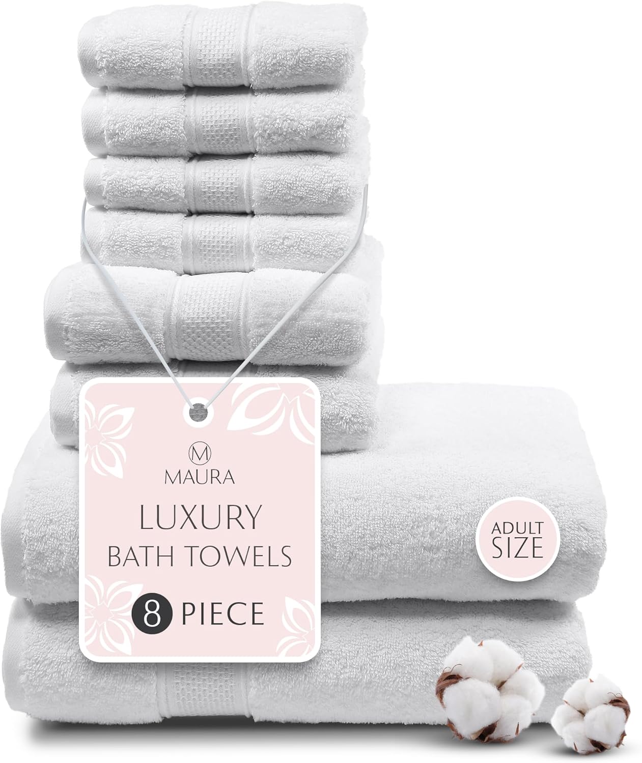 MAURA White Bath Towel Set of 8 - Luxury Turkish Cotton Towels