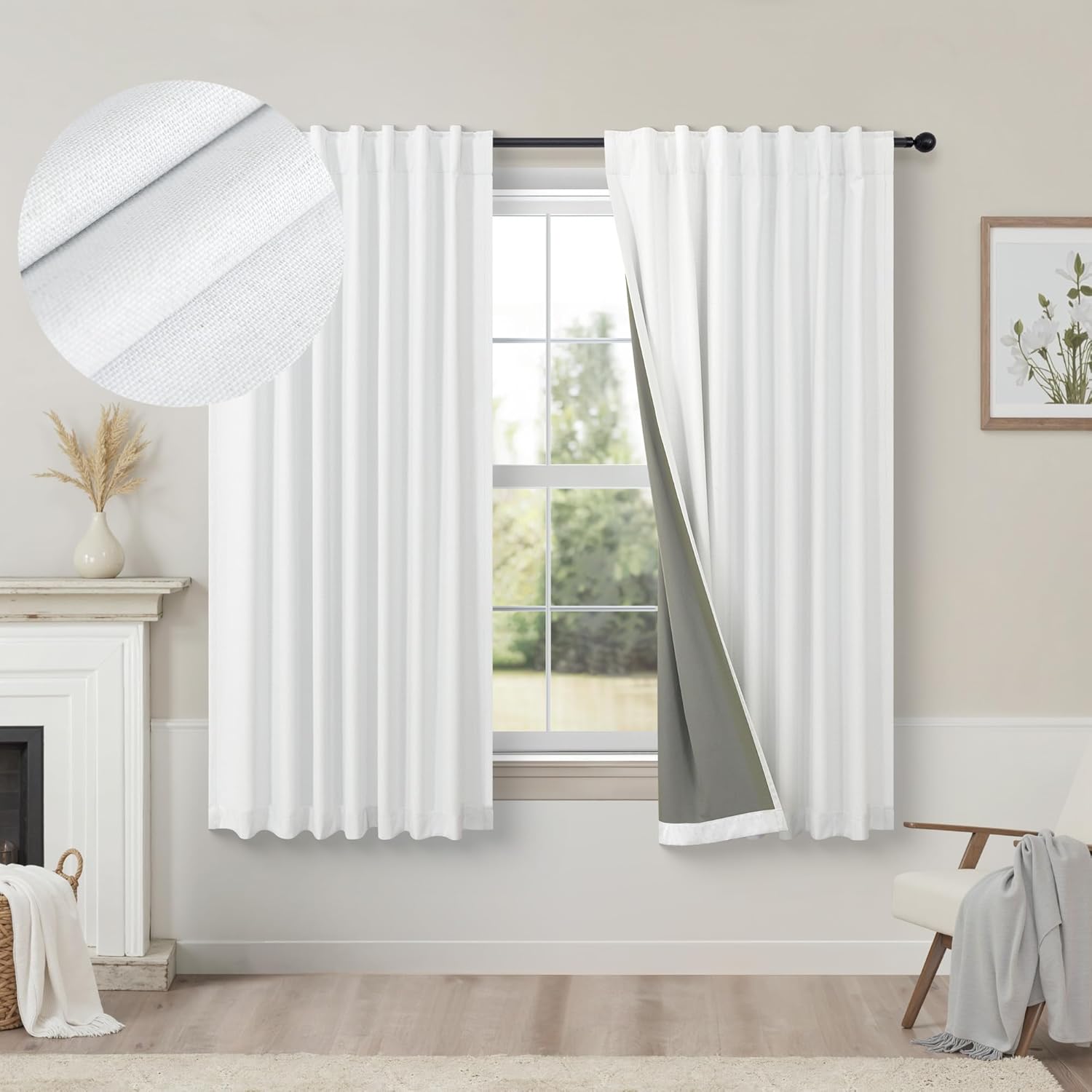 White Linen Complete Blackout Curtains for Kids Room 48 in