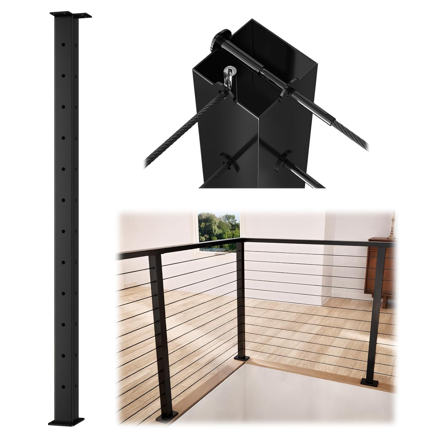 Muzata Black Corner Cable Railing Post for Indoor and Outdoor Use