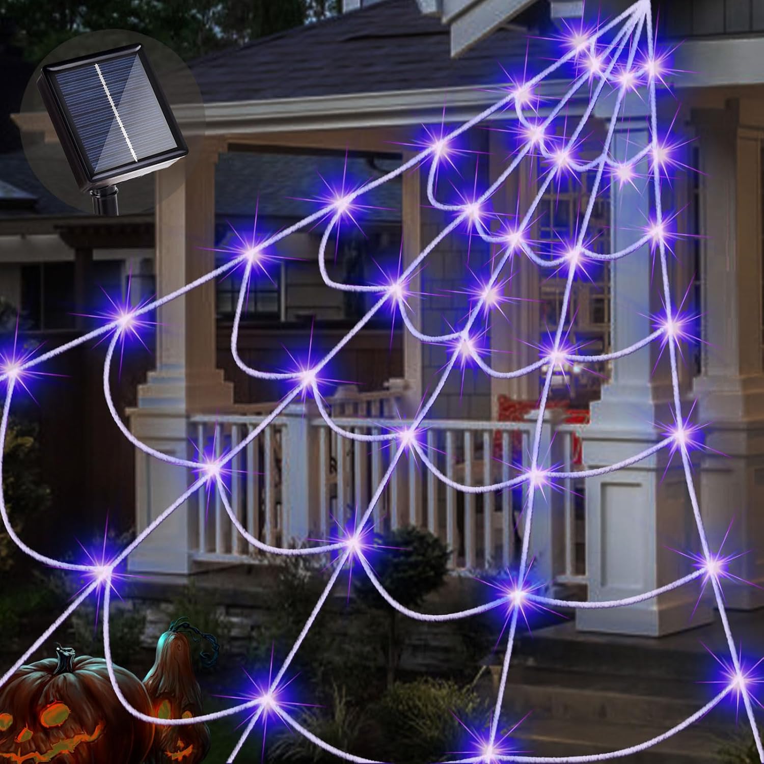 Outdoor Solar Powered Halloween Decorations with Spider Web Lights