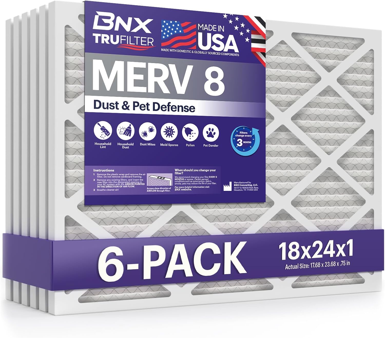 BNX TruFilter 18x24x1 Air Filter MERV 8 for Dust & Pet Defense