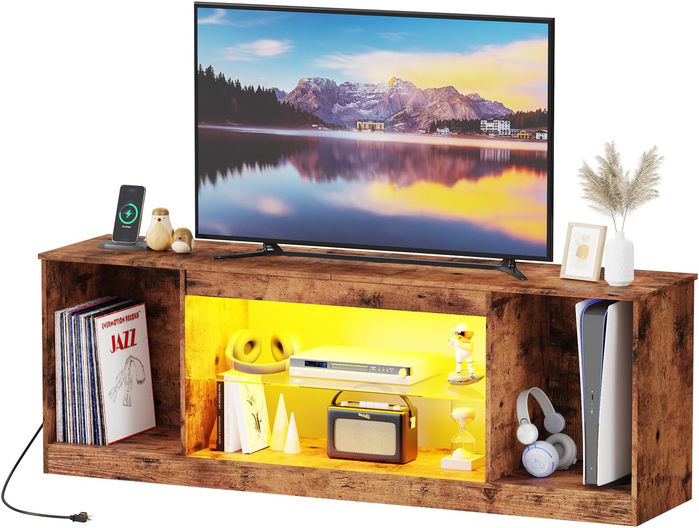 Rustic Brown Farmhouse TV Stand: 65 LED TV, Charging Station, Storage