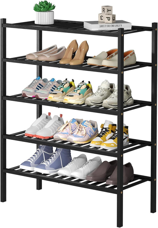 5 Tier Bamboo Shoe Rack for Closet - Stackable Wood Shelf