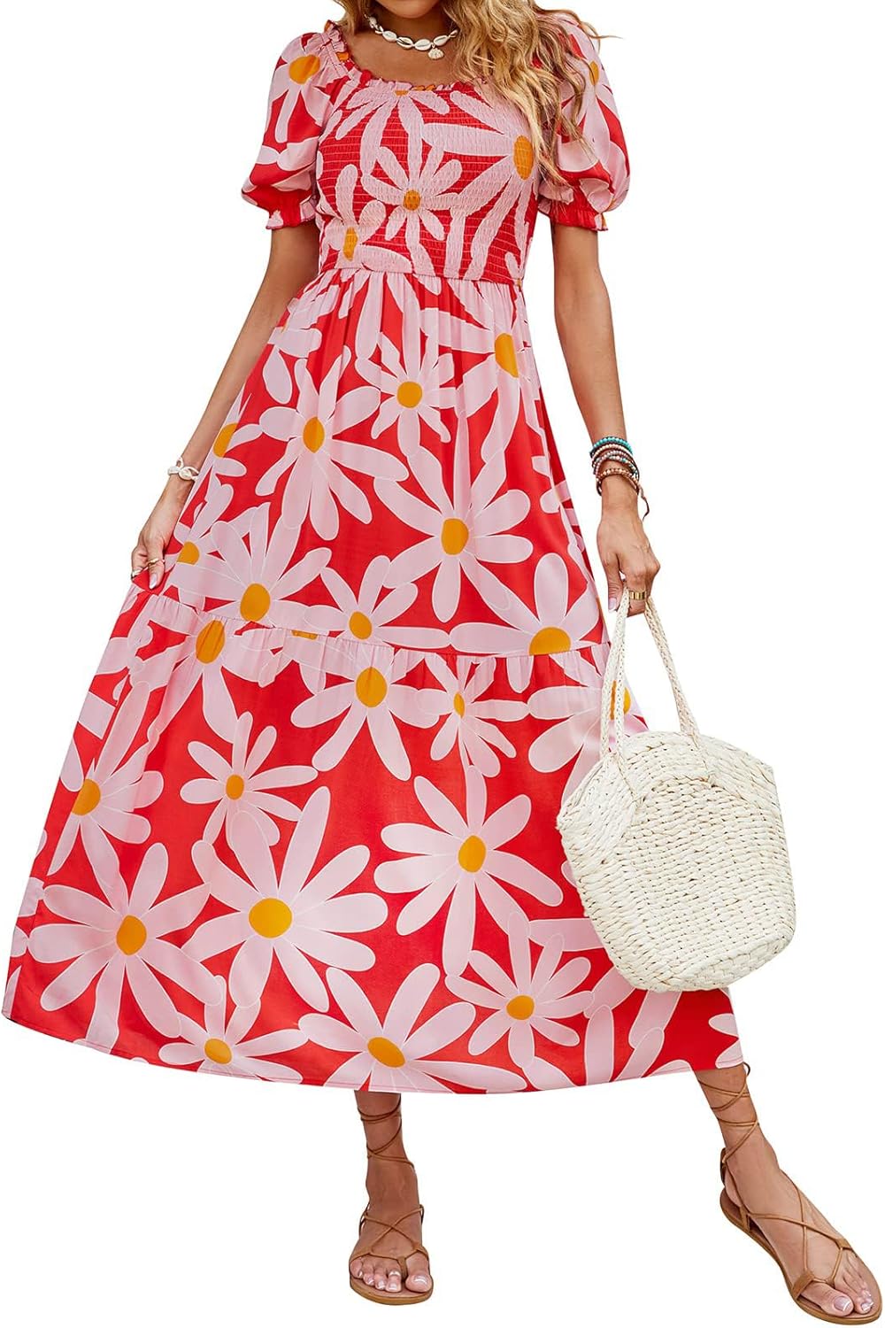 ZESICA Women's Boho Floral Print Square Neck Maxi Dress