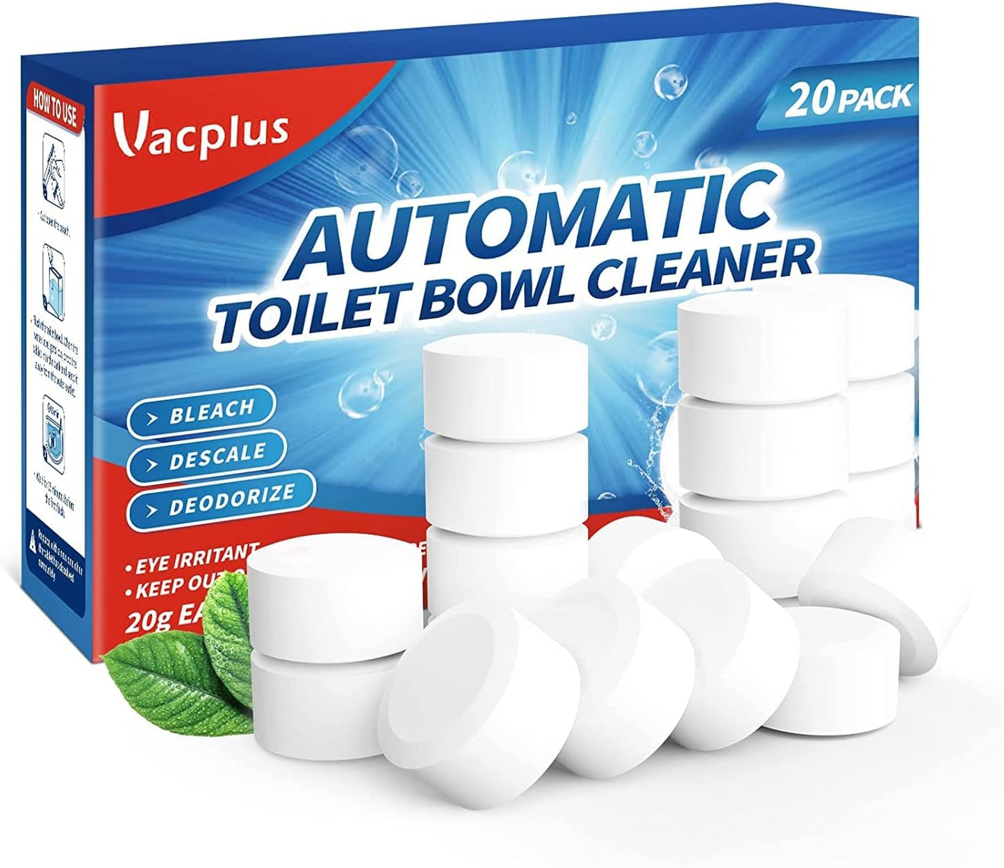 Vacplus 20-Pack Automatic Toilet Bowl Cleaner Tablets - Deodorize & Descaling