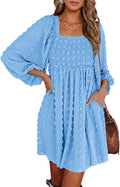 Womens Square Neck Smocked Floral Swiss Dot Mini Dress (Style PPLM)