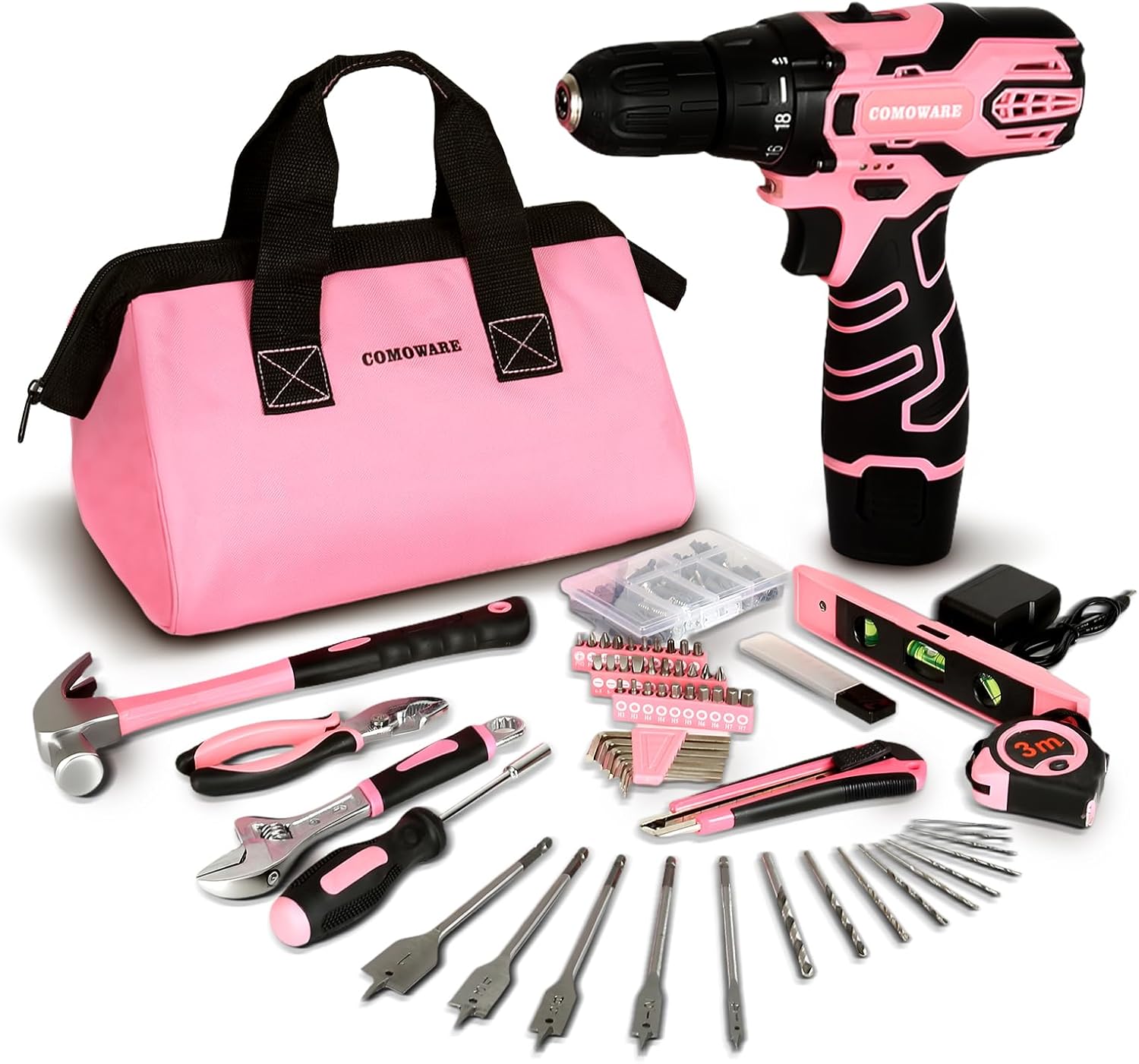 COMOWARE 12V Pink Cordless Drill Set for Women DIY Projects