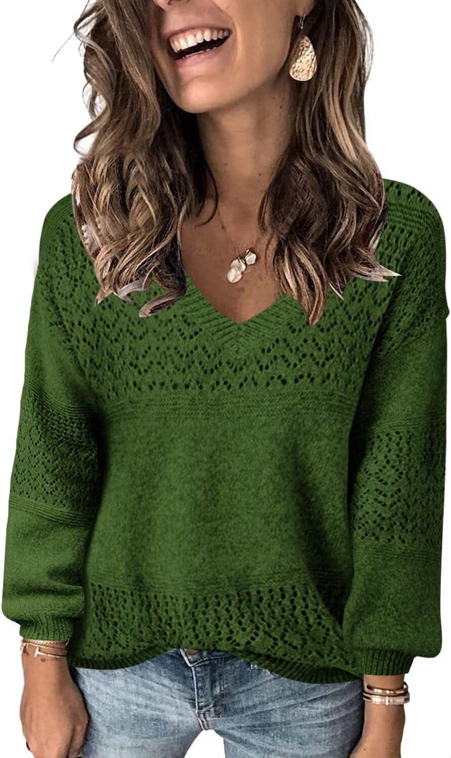FEKOAFE Womens V Neck Long Sleeve Hollow Knit Pullover Sweater