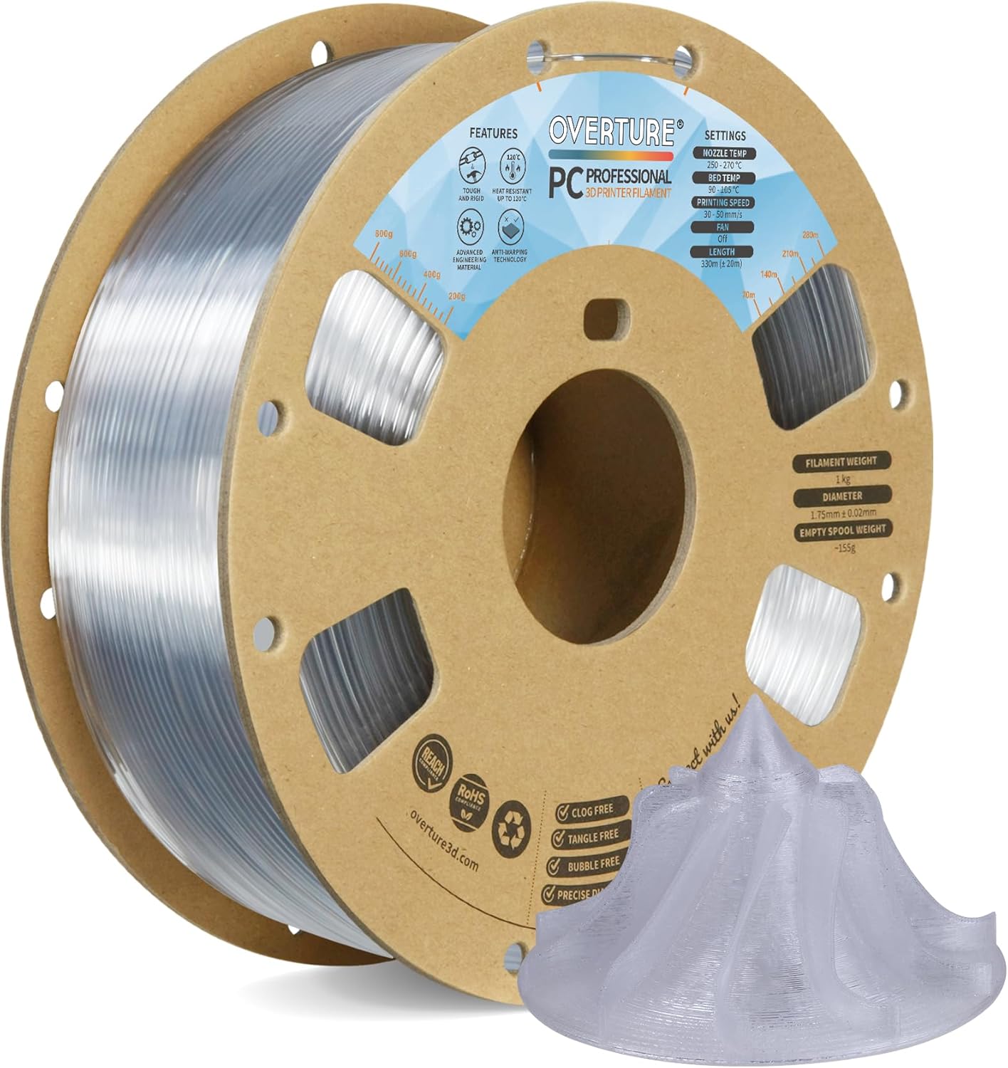OVERTURE PC Professional Filament for 3D Printing, 1kg Spool