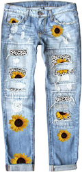 Women Plaid Patch Ripped Boyfriend Distressed Stretch Skinny Jeans