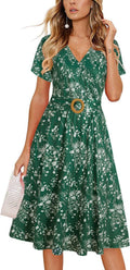 Women's Faux Wrap V Neck Fit and Flare Tea Dress with Pockets