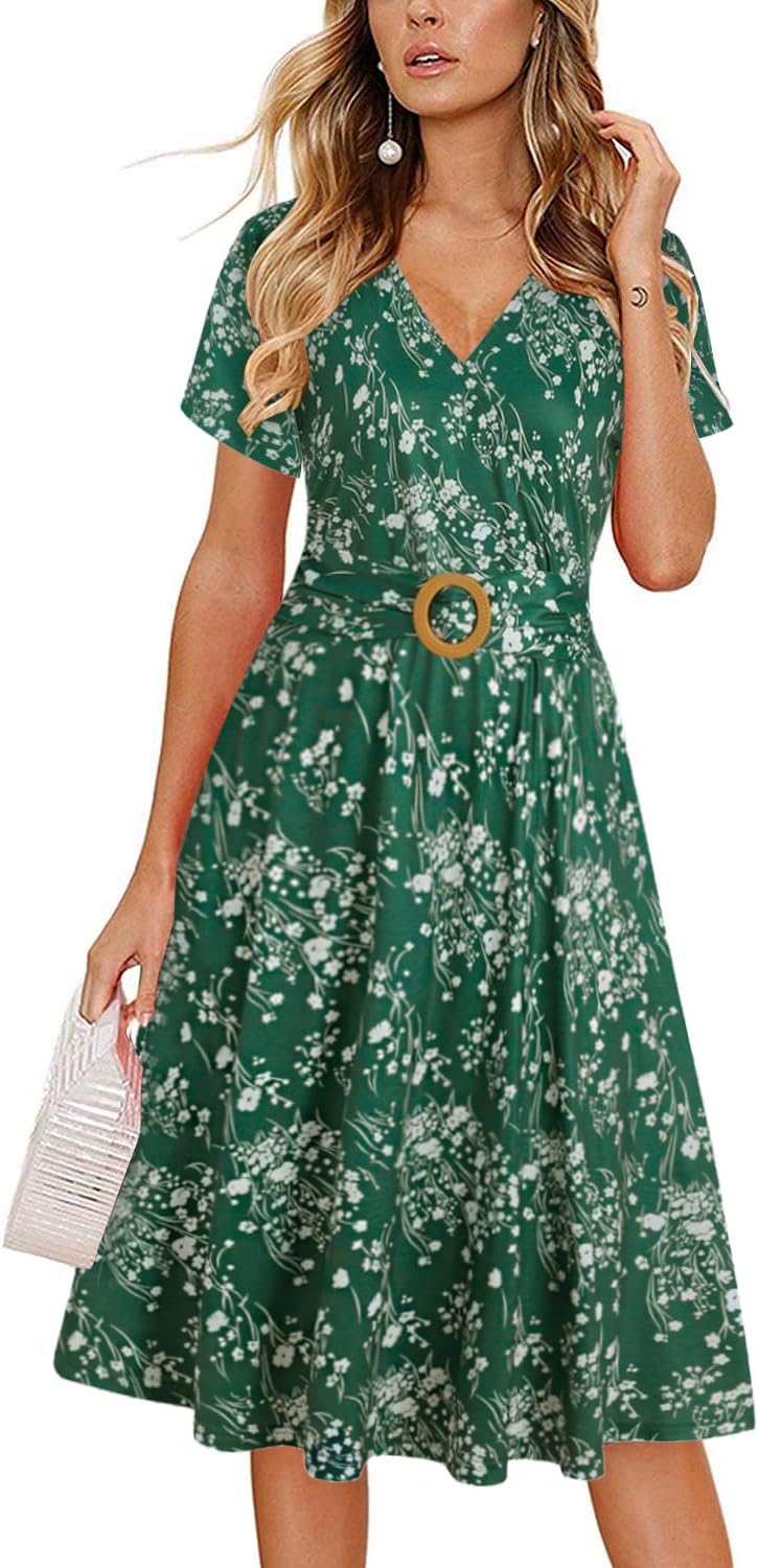 Elegant Criss-Cross V Neck Vintage Short Sleeve Dress with Pockets